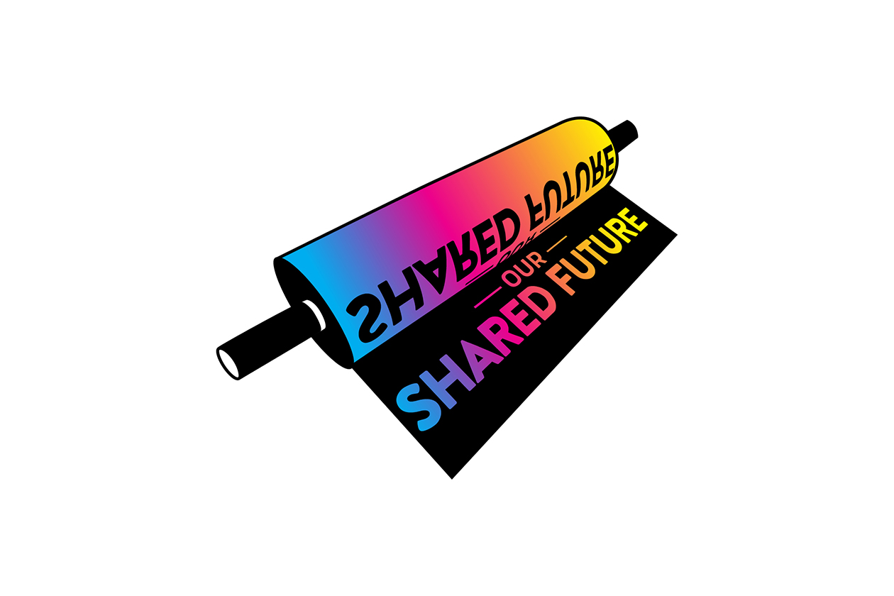 Litho Roller with text "Shared Futures" and rainbow roll ink