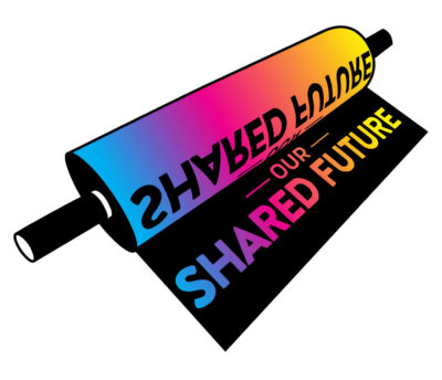 SGCI Madison 2022 Conference Logo Our Shared Future. Lithography Roller with rainbow gradient