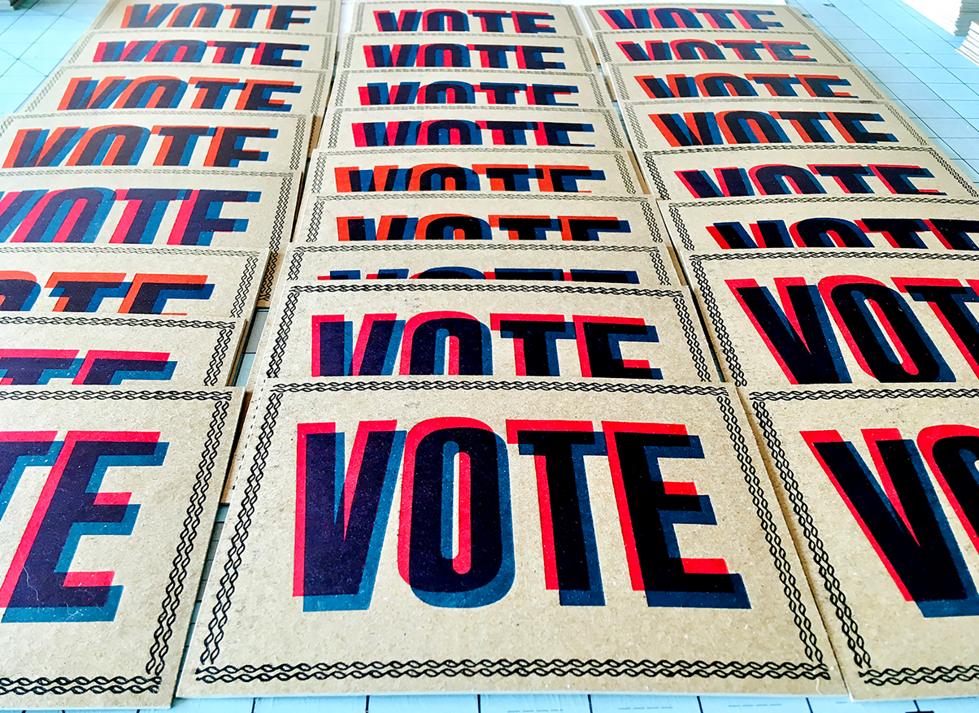 crawley_ibe_11 Columns of letterpress cards on with the text "vote" offset in red and blue ink