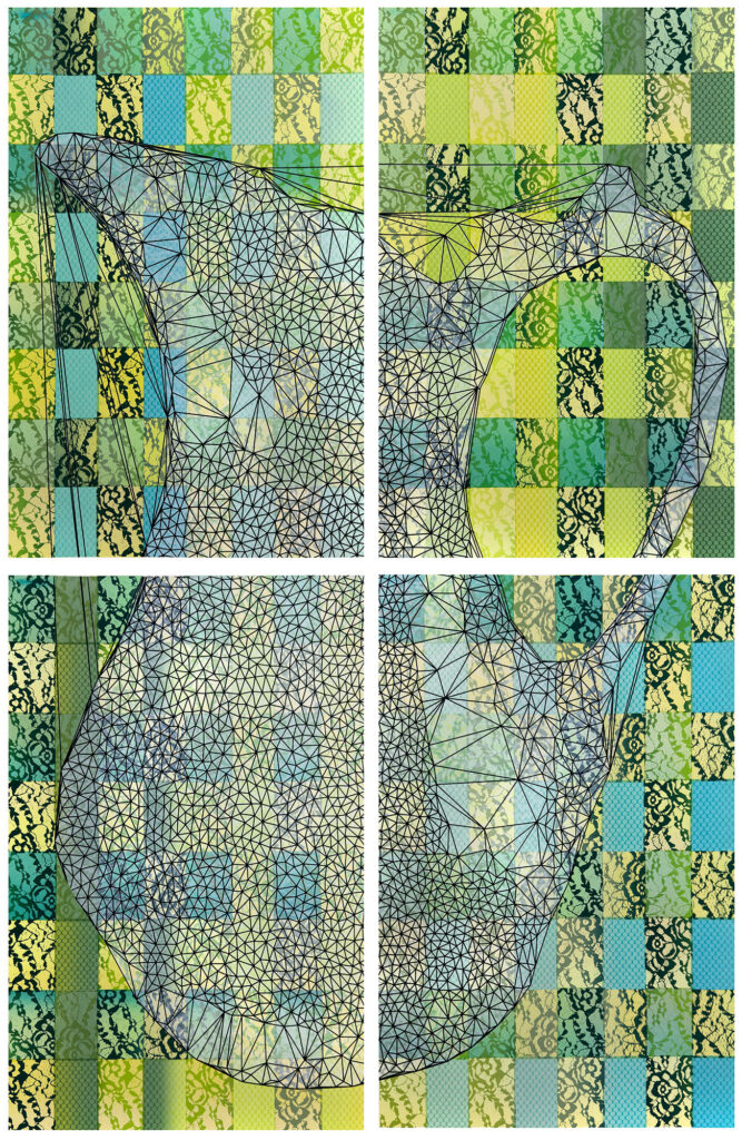 Four panels that come together to form a water jug against a checkered green and blue background