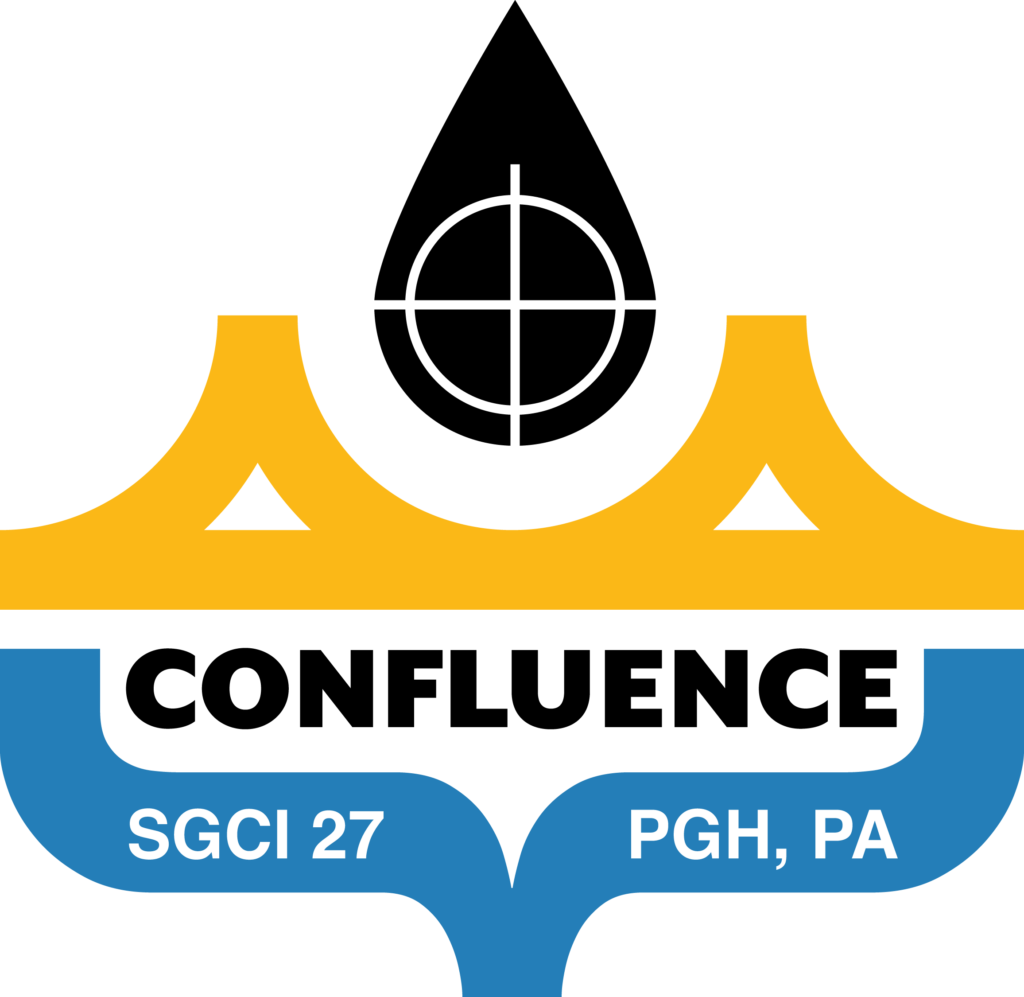 a graphic mark featuring a black droplet shape with a printing registration mark at the top, a central yellow bridge form with “CONFLUENCE” in black text, and a blue stylized river water motif below with white text inside that reads “SGCI 27” and “PGH, PA”
